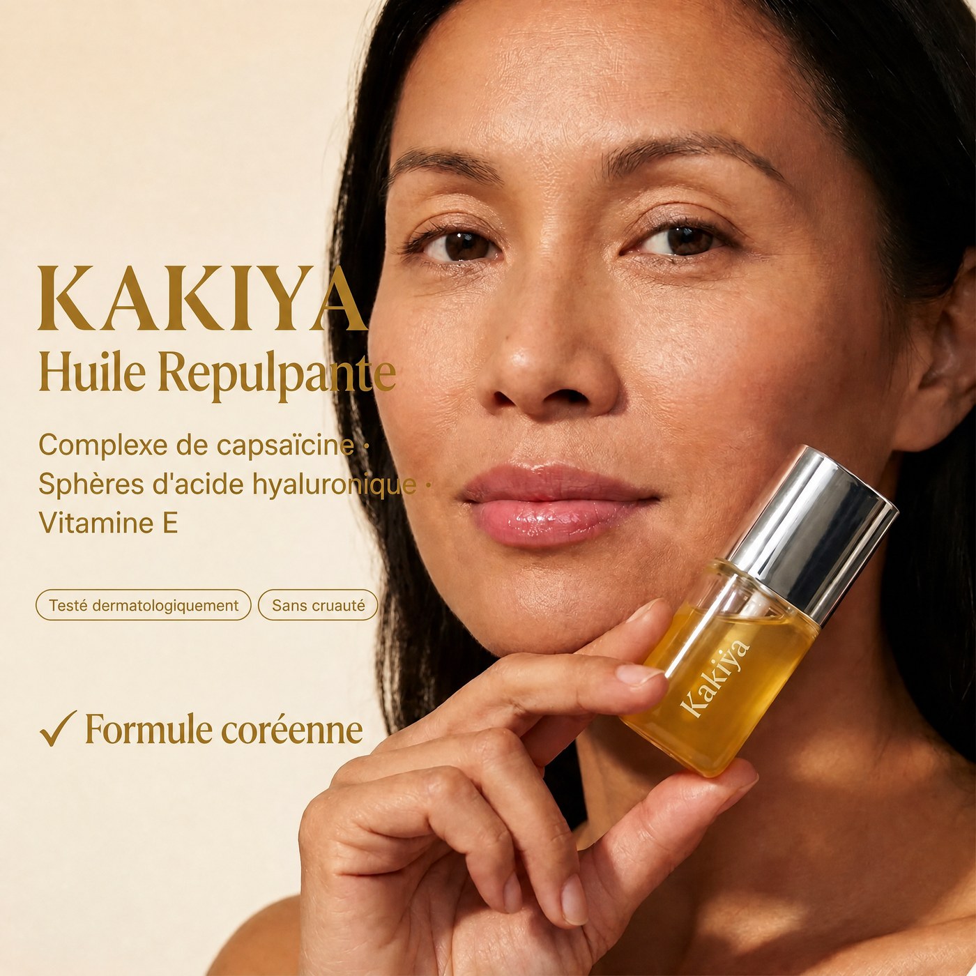 Kakiya Huile Repulpante — complexe de capsaïcine, sphères d'acide hyaluronique, vitamine E